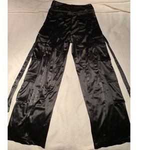 WFFS black satin-like tasseled high waisted pants
